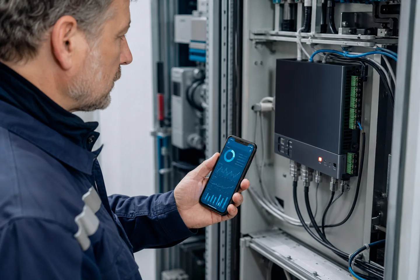 Servicetechniker überwacht verbundene Hardware mit einer mobilen App